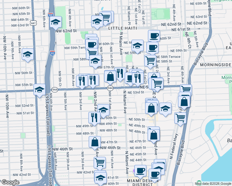 map of restaurants, bars, coffee shops, grocery stores, and more near 76 Northwest 53rd Street in Miami