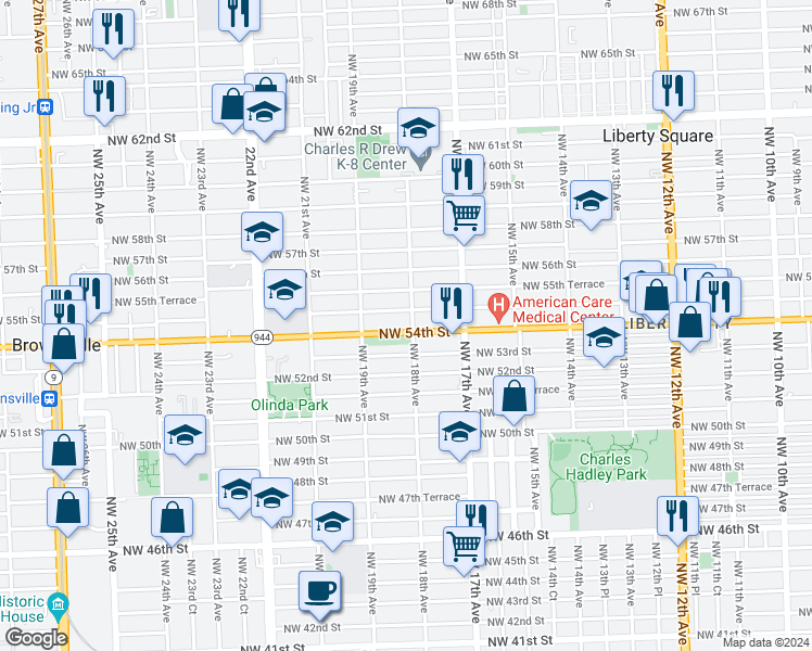 map of restaurants, bars, coffee shops, grocery stores, and more near 1850 Northwest 54th Street in Miami