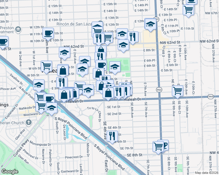 map of restaurants, bars, coffee shops, grocery stores, and more near 435 Hialeah Drive in Hialeah
