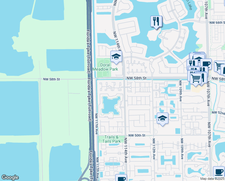 map of restaurants, bars, coffee shops, grocery stores, and more near 5524 Northwest 114th Avenue in Doral