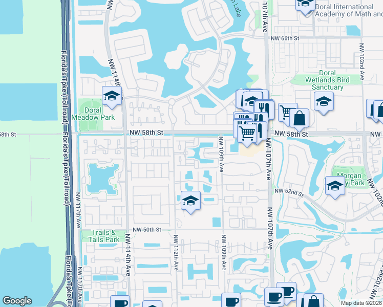 map of restaurants, bars, coffee shops, grocery stores, and more near 5551 Northwest 112th Avenue in Doral