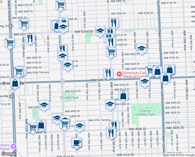 map of restaurants, bars, coffee shops, grocery stores, and more near 1850 Northwest 54th Street in Miami