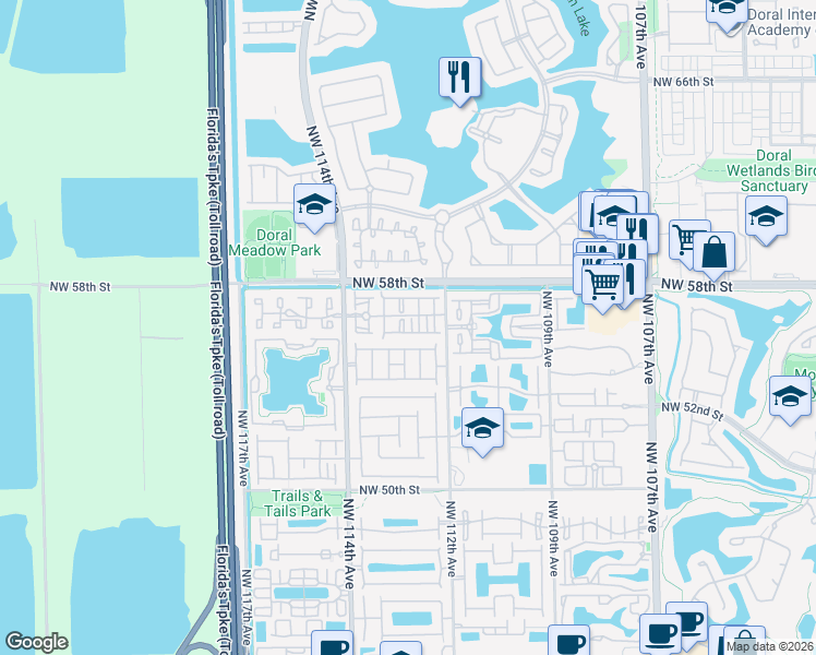 map of restaurants, bars, coffee shops, grocery stores, and more near 5615 Northwest 112th Path in Doral