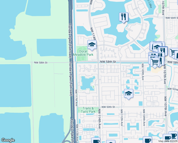 map of restaurants, bars, coffee shops, grocery stores, and more near 5630 Northwest 114th Path in Doral