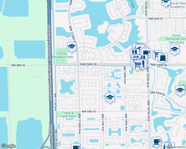 map of restaurants, bars, coffee shops, grocery stores, and more near 5615 Northwest 112th Path in Doral