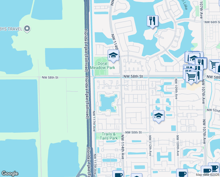map of restaurants, bars, coffee shops, grocery stores, and more near 5524 Northwest 114th Avenue in Doral