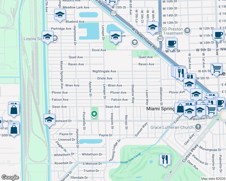 map of restaurants, bars, coffee shops, grocery stores, and more near 830 Plover Avenue in Miami Springs