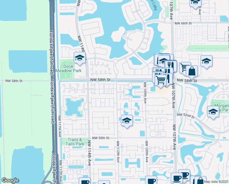 map of restaurants, bars, coffee shops, grocery stores, and more near 5631 Northwest 112th Avenue in Doral