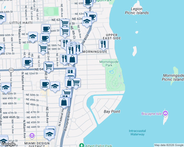 map of restaurants, bars, coffee shops, grocery stores, and more near 531 Northeast 52nd Street in Miami