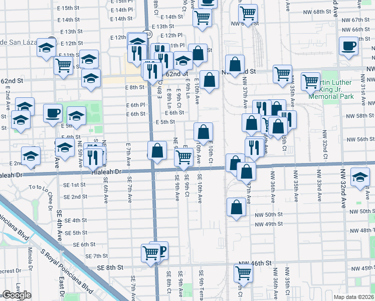 map of restaurants, bars, coffee shops, grocery stores, and more near 65 East 9th Court in Hialeah