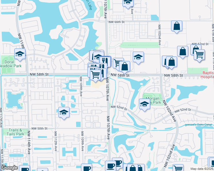 map of restaurants, bars, coffee shops, grocery stores, and more near 5402 Northwest 107th Avenue in Doral