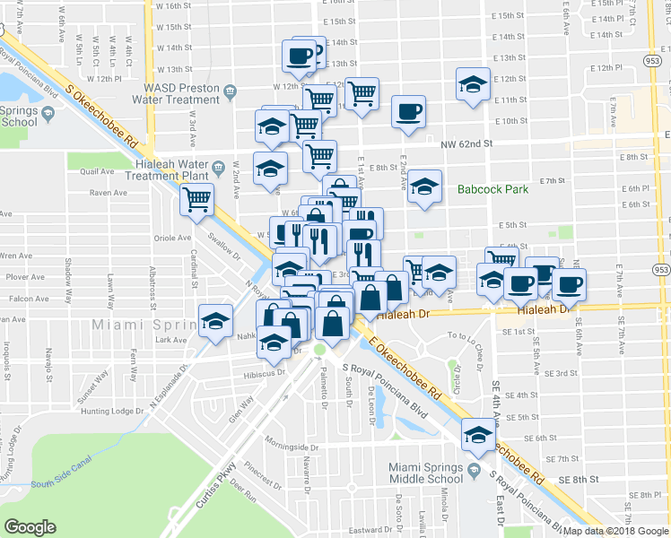 map of restaurants, bars, coffee shops, grocery stores, and more near 290 Palm Avenue in Hialeah