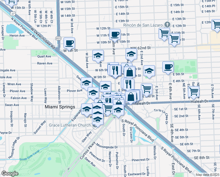 map of restaurants, bars, coffee shops, grocery stores, and more near 290 Palm Avenue in Hialeah