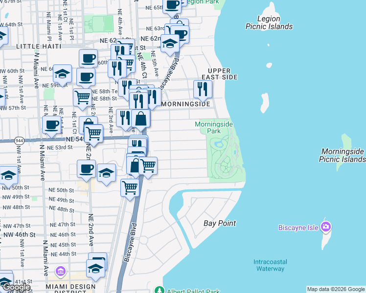 map of restaurants, bars, coffee shops, grocery stores, and more near 541 Northeast 53rd Street in Miami