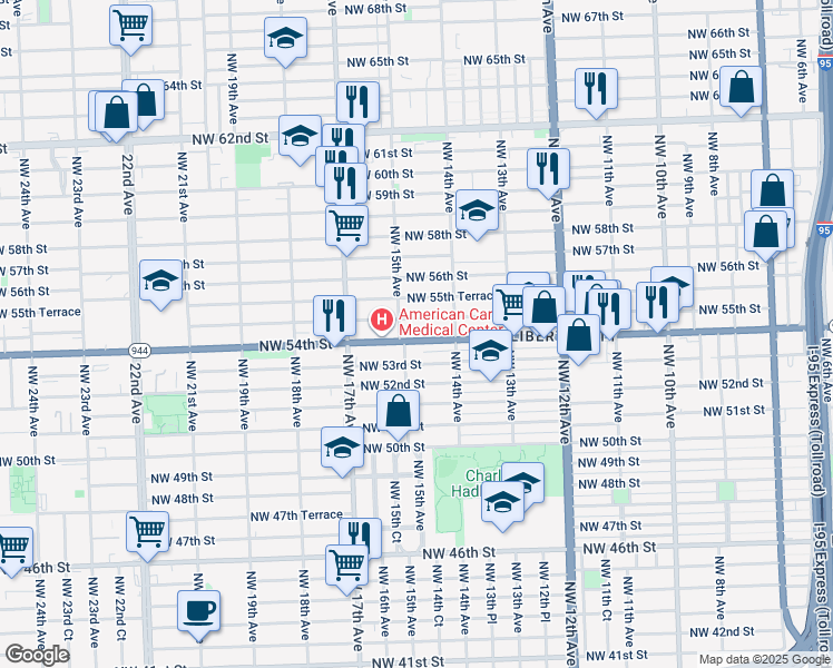 map of restaurants, bars, coffee shops, grocery stores, and more near 1453 Northwest 55th Street in Miami