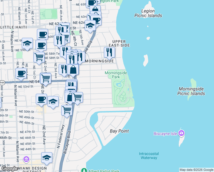 map of restaurants, bars, coffee shops, grocery stores, and more near 645 Northeast 53rd Street in Miami