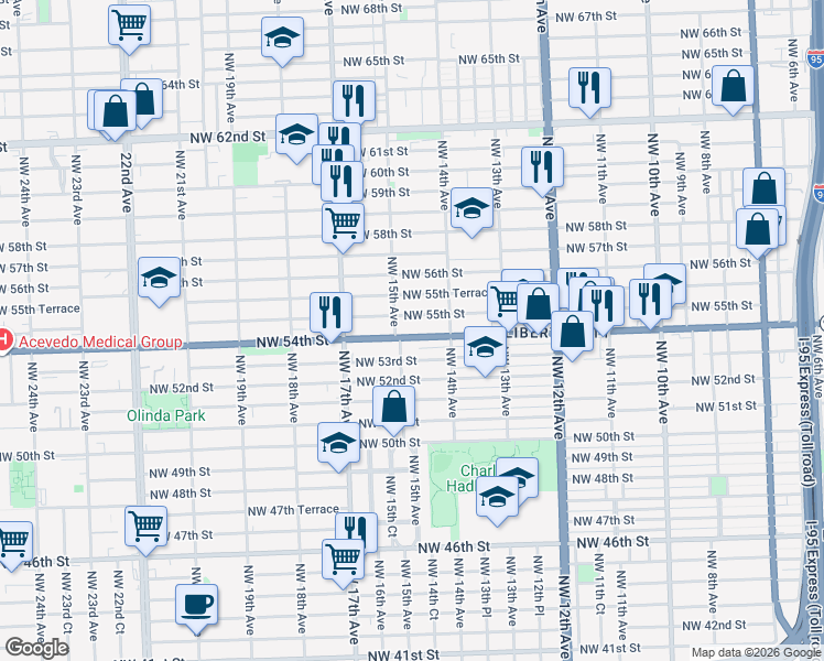 map of restaurants, bars, coffee shops, grocery stores, and more near 1453 Northwest 55th Street in Miami