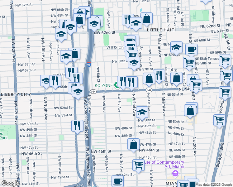 map of restaurants, bars, coffee shops, grocery stores, and more near 138 Northwest 54th Street in Miami