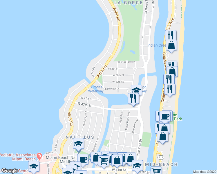 map of restaurants, bars, coffee shops, grocery stores, and more near 761 Lakeview Drive in Miami Beach