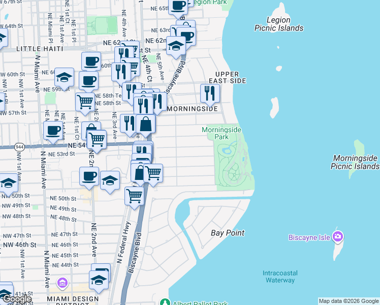 map of restaurants, bars, coffee shops, grocery stores, and more near 541 Northeast 53rd Street in Miami