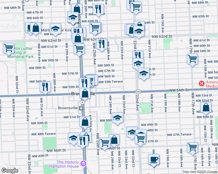 map of restaurants, bars, coffee shops, grocery stores, and more near 5531 Northwest 24th Avenue in Miami