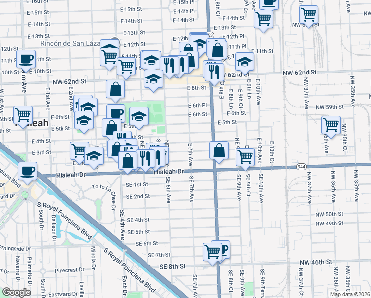 map of restaurants, bars, coffee shops, grocery stores, and more near 661 Northeast 3rd Place in Hialeah