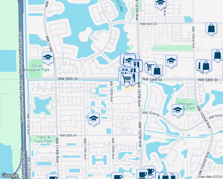 map of restaurants, bars, coffee shops, grocery stores, and more near 5701 Northwest 112th Avenue in Doral