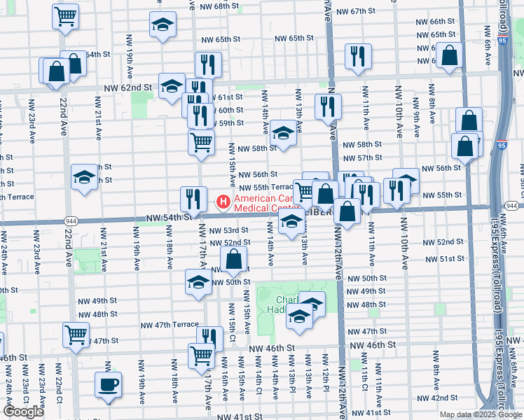 map of restaurants, bars, coffee shops, grocery stores, and more near 1453 Northwest 55th Street in Miami