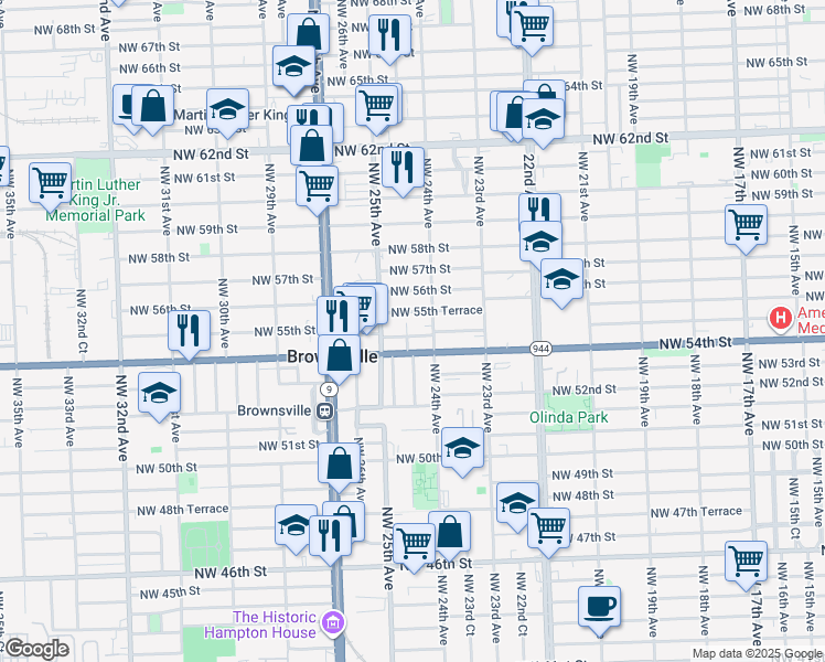 map of restaurants, bars, coffee shops, grocery stores, and more near 2460 Northwest 55th Terrace in Miami