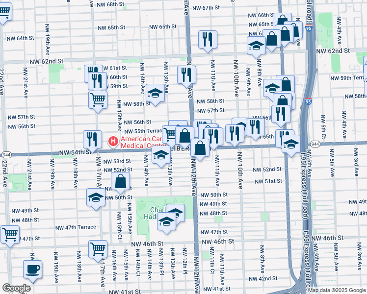 map of restaurants, bars, coffee shops, grocery stores, and more near 1235 Northwest 55th Street in Miami