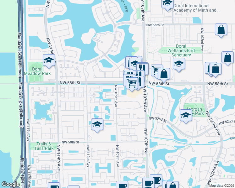 map of restaurants, bars, coffee shops, grocery stores, and more near 5755 Northwest 109th Avenue in Doral