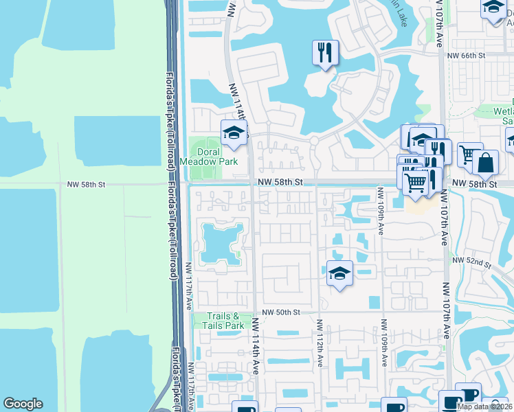 map of restaurants, bars, coffee shops, grocery stores, and more near 5660 Northwest 113th Place in Doral