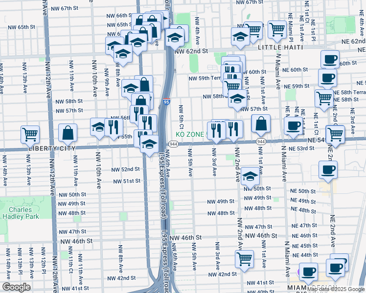 map of restaurants, bars, coffee shops, grocery stores, and more near in Miami