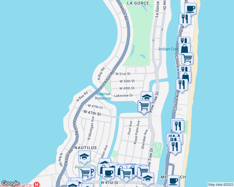map of restaurants, bars, coffee shops, grocery stores, and more near 761 Lakeview Drive in Miami Beach