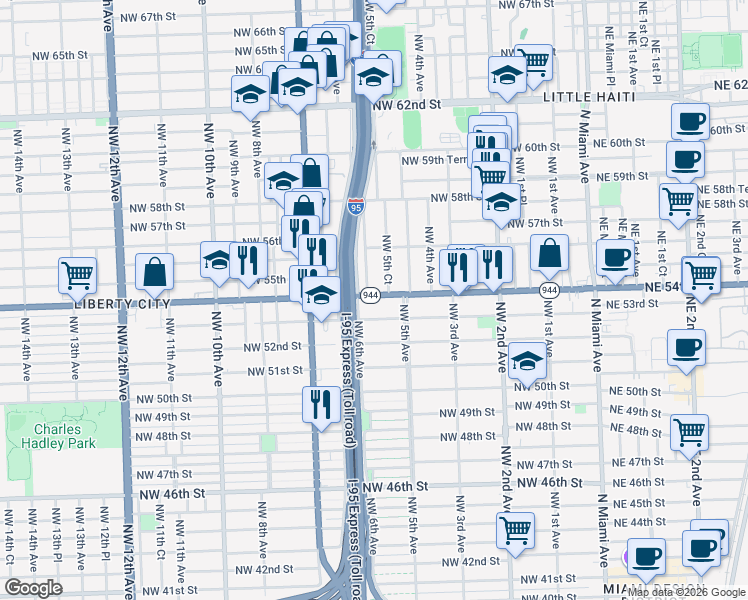 map of restaurants, bars, coffee shops, grocery stores, and more near in Miami