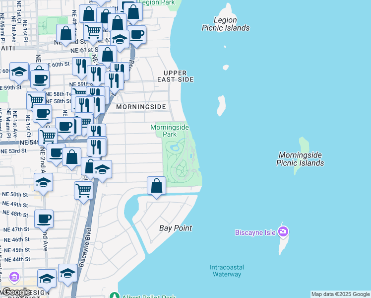 map of restaurants, bars, coffee shops, grocery stores, and more near Morningside Park in Miami