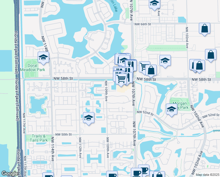 map of restaurants, bars, coffee shops, grocery stores, and more near 5755 Northwest 109th Avenue in Doral