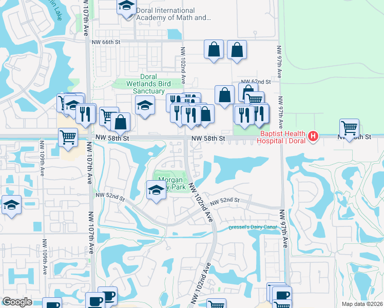 map of restaurants, bars, coffee shops, grocery stores, and more near 5640 Northwest 101st Court in Doral