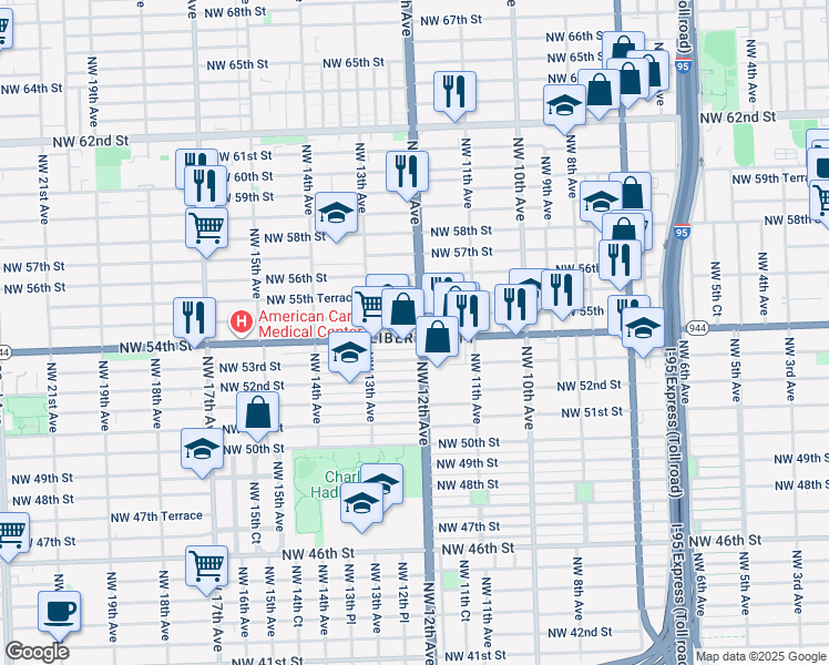 map of restaurants, bars, coffee shops, grocery stores, and more near 1235 Northwest 55th Street in Miami