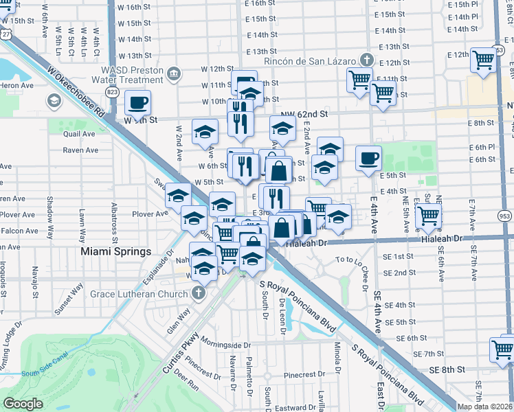 map of restaurants, bars, coffee shops, grocery stores, and more near 21 East 3rd Street in Hialeah