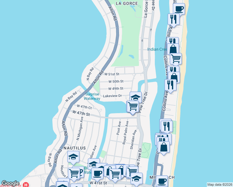 map of restaurants, bars, coffee shops, grocery stores, and more near 575 West 49th Street in Miami Beach