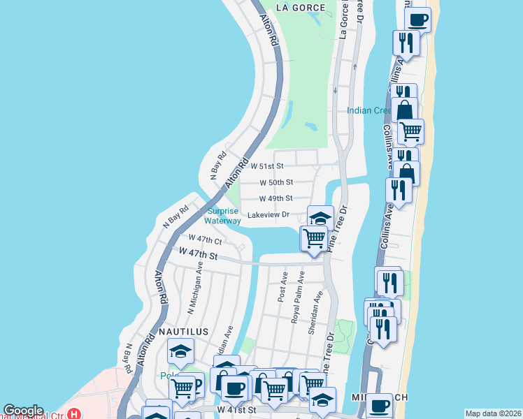 map of restaurants, bars, coffee shops, grocery stores, and more near 737 West 49th Street in Miami Beach