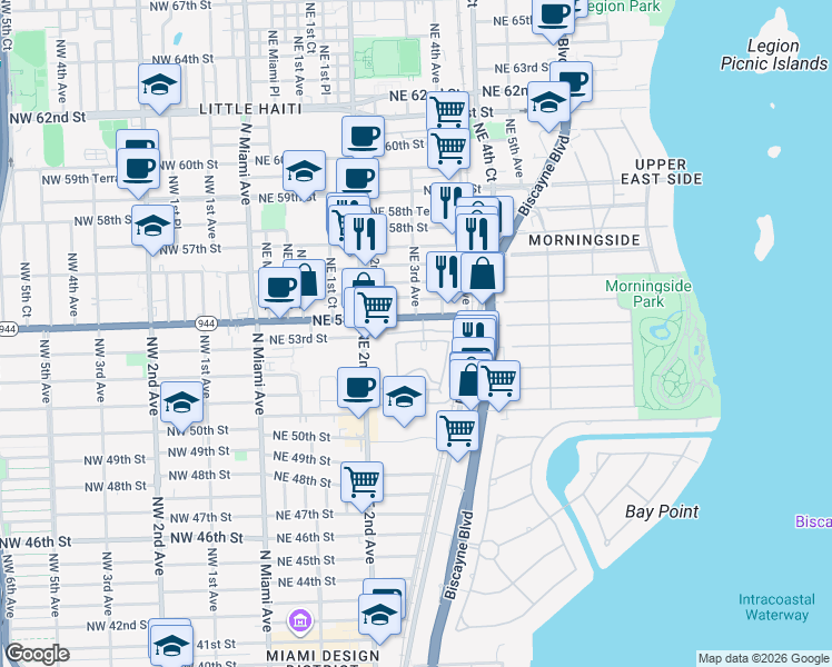 map of restaurants, bars, coffee shops, grocery stores, and more near 297 Northeast 54th Street in Miami