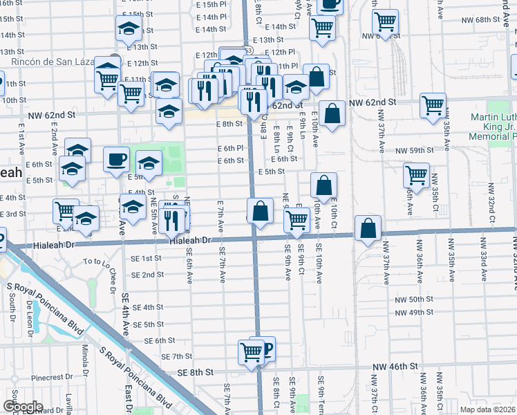 map of restaurants, bars, coffee shops, grocery stores, and more near 811 Northeast 3rd Place in Hialeah