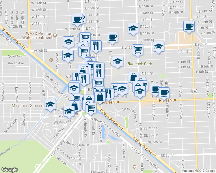 map of restaurants, bars, coffee shops, grocery stores, and more near 145 East 4th Street in Hialeah