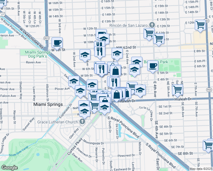 map of restaurants, bars, coffee shops, grocery stores, and more near 101 East 4th Street in Hialeah