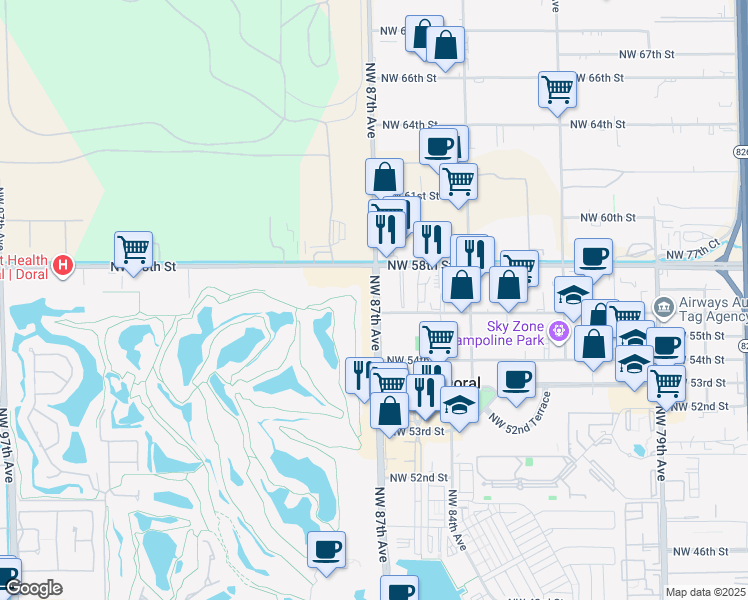 map of restaurants, bars, coffee shops, grocery stores, and more near in Doral