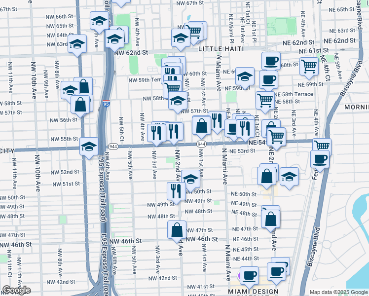 map of restaurants, bars, coffee shops, grocery stores, and more near 151 Northwest 54th Street in Miami