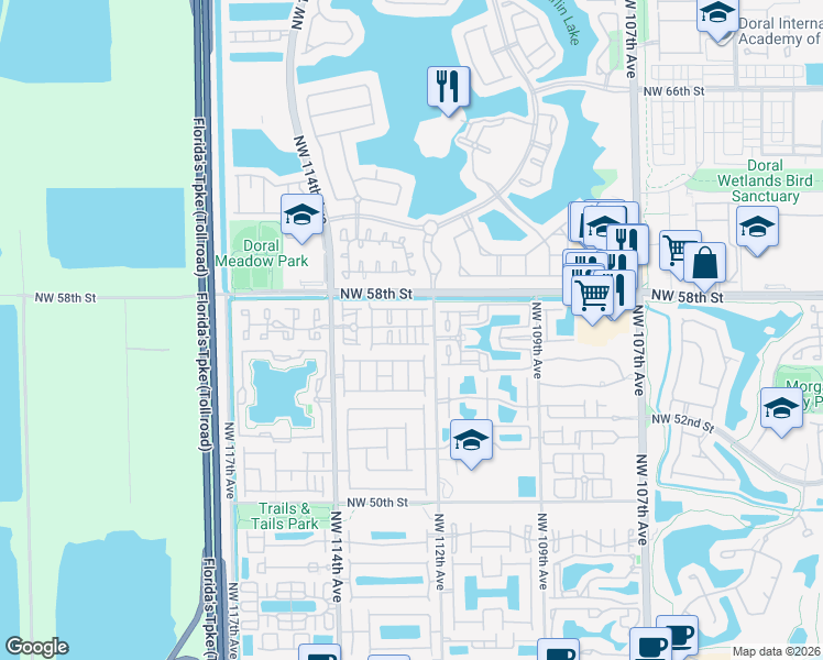 map of restaurants, bars, coffee shops, grocery stores, and more near 5753 Northwest 112th Place in Doral