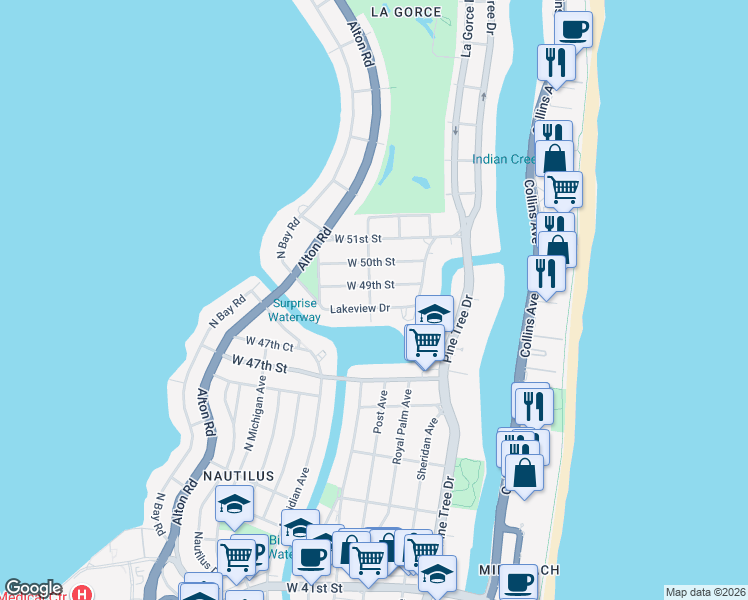 map of restaurants, bars, coffee shops, grocery stores, and more near 575 West 49th Street in Miami Beach